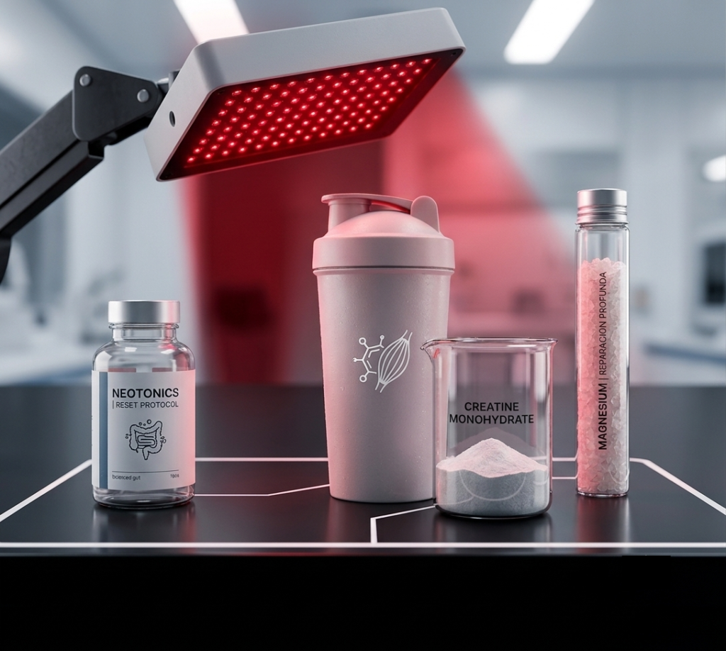 Kit de suplementos y herramientas de biohacking para el sistema de recursos recomendados  Piel y Fitness, incluyendo máscara de luz roja, creatina, proteína y magnesio.